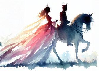Prince and princess silhouette in colorful dress on horse. - obrazy, fototapety, plakaty