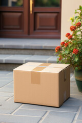 a brown cardboard box on the doorstep of the house. home delivery. parcel delivery, package.