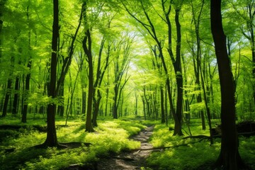 Serene forest path surrounded by towering trees