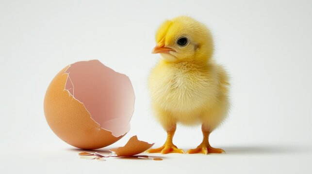 Cute newborn chick beside broken eggshell on white, perfect for Easter and spring themes.