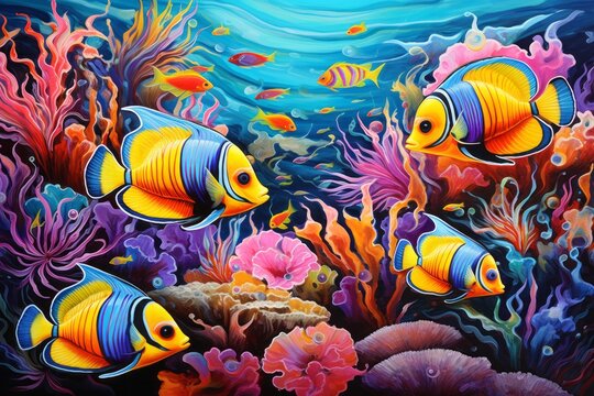 Vibrant underwater scene with a school of tropical fish