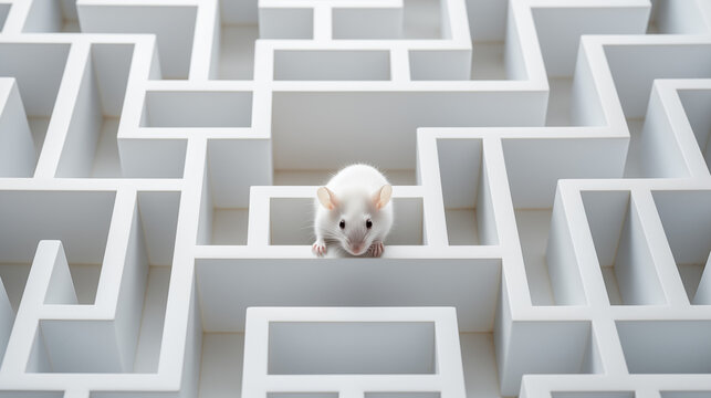 Experimento científico con un ratón blanco de laboratorio intentando salir de un laberinto blanco