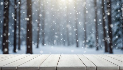 Background with Forest and Snowfall, Empty White Wooden Table, Product Display Template