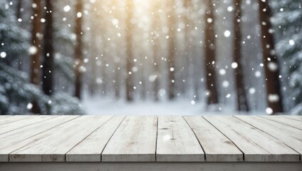 Background with Forest and Snowfall, Empty White Wooden Table, Product Display Template