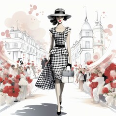 a woman in a dress and hat walking down a street
