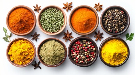 Assorted spices in bowls. Top view of colorful herbs for culinary and wellness.