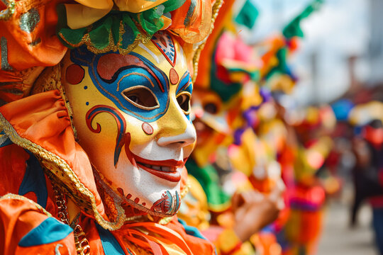 Carnavales de Barranquilla. Mask carnival in Columbia. Women wearing colorful masks on city parade.