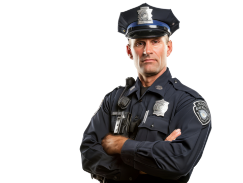 Stern-looking male police officer in uniform, arms crossed, with duty gear, isolated on transparent background, PNG format.