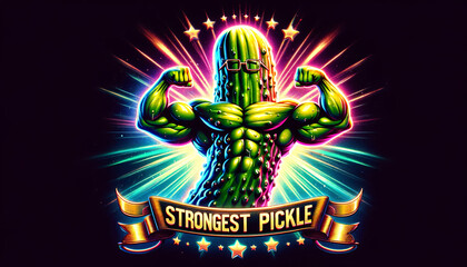 A pickle designed as a muscular bodybuilder, flexing its muscles dramatically, centered in the image. The illustration is in anime style