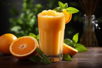 orange smoothie. healthy fruity fresh citrus drink in a glass on the table.