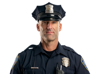 Stoic police officer in uniform, badge visible, on transparent PNG background, ideal for various design uses.