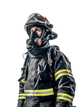 Firefighter in full gear with helmet and mask on a transparent PNG background, ideal for safety campaigns or design projects.