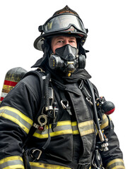 High-resolution image of a firefighter in full gear with a transparent background, perfect for design use.