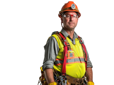 Professional construction worker in safety gear, isolated with a transparent background, ready for design use. (PNG)