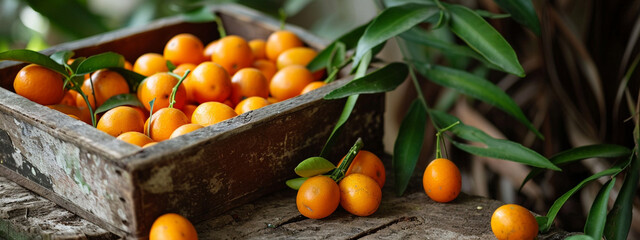 kumquat in a box on a wooden background, nature. - obrazy, fototapety, plakaty
