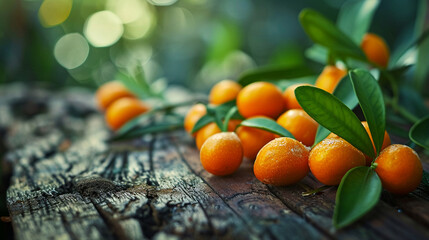 kumquat on a wooden background, nature - obrazy, fototapety, plakaty