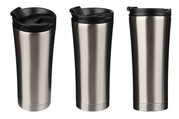 Model as thermos cup, clean material. Metal clean thermos cup with black lid, blank for text. Copy space. Isolated white background. Different shooting angle, triple set photo, clipping path.