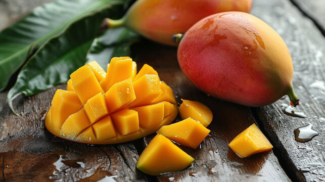 Fresh delicious sweet mangoes on a wooden background