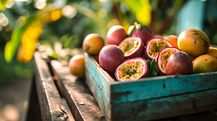 Fresh passion fruit with leaves in Wooden Box. Tropical Fruits. Free space for text. - obrazy, fototapety, plakaty