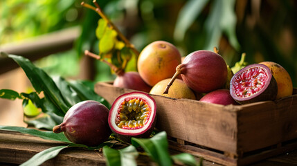 Fresh passion fruit with leaves in Wooden Box. Tropical Fruits. Free space for text. - obrazy, fototapety, plakaty