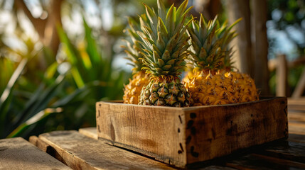 pineapples in a box on a wooden background, nature