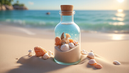 a glass jar filled with shells on a tropical sea beach sand. Souvenir from travel - obrazy, fototapety, plakaty