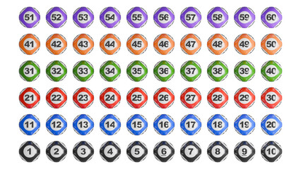 60 colorful lottery balls with transparent background. Lotto balls with 60 numbers. 3d rendering