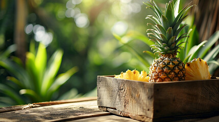 pineapples in a box on a wooden background, nature - obrazy, fototapety, plakaty
