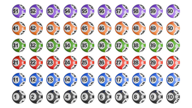 60 colorful lottery balls with transparent background. Lotto balls with 60 numbers. 3d rendering