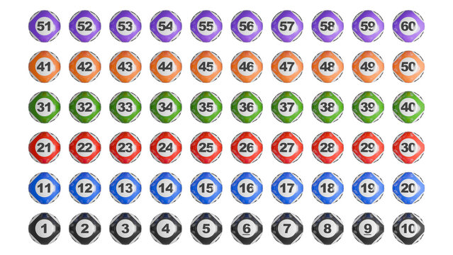 60 colorful lottery balls with transparent background. Lotto balls with 60 numbers. 3d rendering