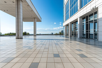 A spacious outdoor plaza with a clear view of the sky, featuring a large expanse of tiled flooring...