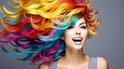 Fototapeta premium Beauty Model Girl with Colorful Rainbow Hairstyle, Girl with perfect Makeup and Hairstyle.