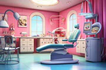 Old vintage Dentist Office in pink cartoon style