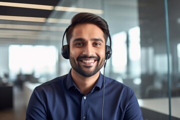 Male Indian contract service representative telemarketing operator smiling to camera. Happy man call center agent or salesman wearing headset working in customer support office. Generative AI