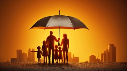 compelling visual with an umbrella icon and a family model, symbolizing security, health care, and insurance coverage.