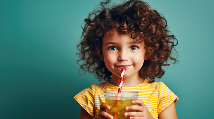 Curly-Haired Child Enjoying a Juice Drink