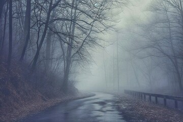 Foggy morning in the forest with wet road and trees.