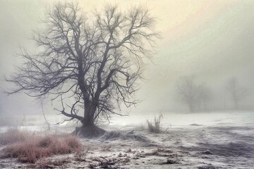 Obraz na płótnie Canvas Foggy winter landscape with trees on a foggy morning