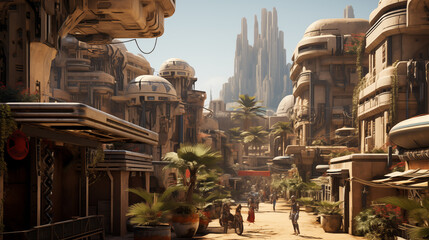 old wakanda black panther city, old high tech african city, desert colours and plants, rule of...