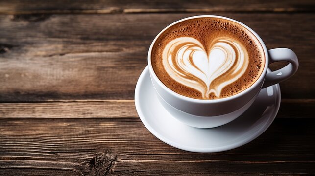 A cup with a delicious cappuccino on a wooden background. Lush foam with a painted heart. Morning drink.
