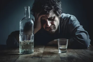 Fotobehang Alcoholism concept. Depressed man with alcohol bottles and glass. © Firn
