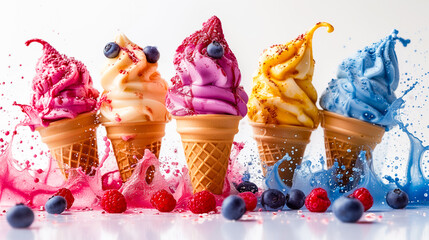 Ice cream of different colors in a waffle cone on a white background. Many different flavors such...