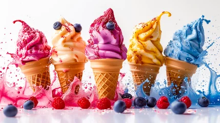 Foto auf Alu-Dibond Ice cream of different colors in a waffle cone on a white background. Many different flavors such as strawberry, vanilla and caramel. Garnished with fruit. Advertising for an ice cream parlor. © beoyou