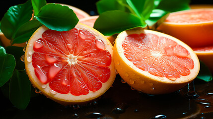 Close-up of grapefruit with leaves and grapefruit juice drops.