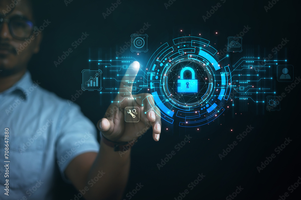 Poster cybersecurity concept business man shows how to protect cyber technology network from attack by hack