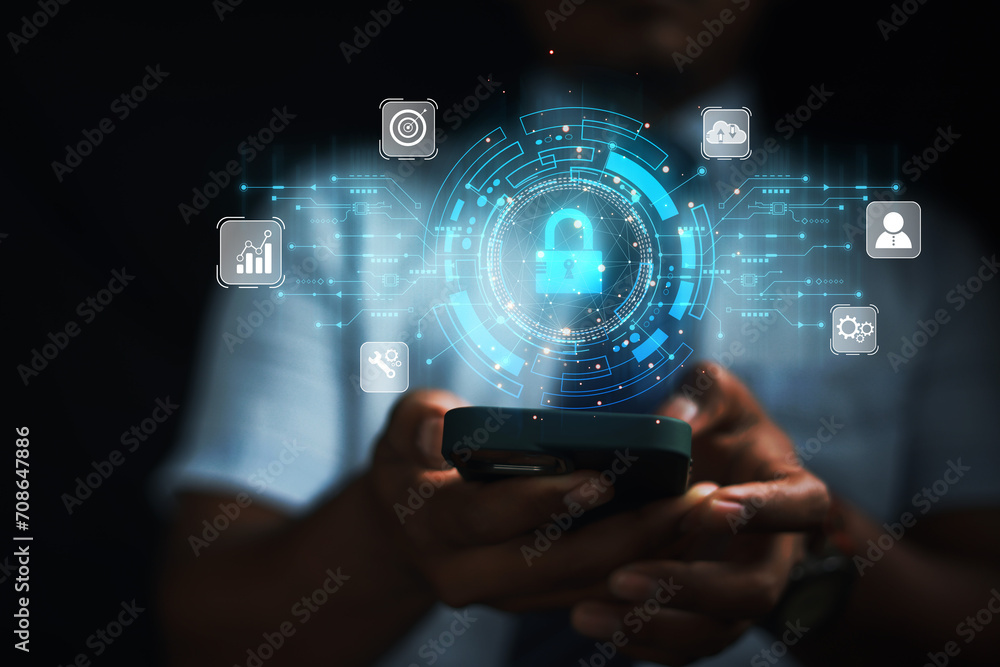 Aufkleber cybersecurity concept business man shows how to protect cyber technology network from attack by hack