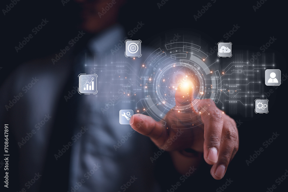 Poster cybersecurity concept business man shows how to protect cyber technology network from attack by hack