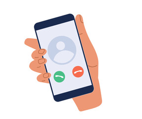 Mobile Phone Call. Call from unknown party, answer or refuse. Human Hand holding ringing mobile phone isolated on while. Incoming call on mobile phone Vector icon flat illustration. Screen device.