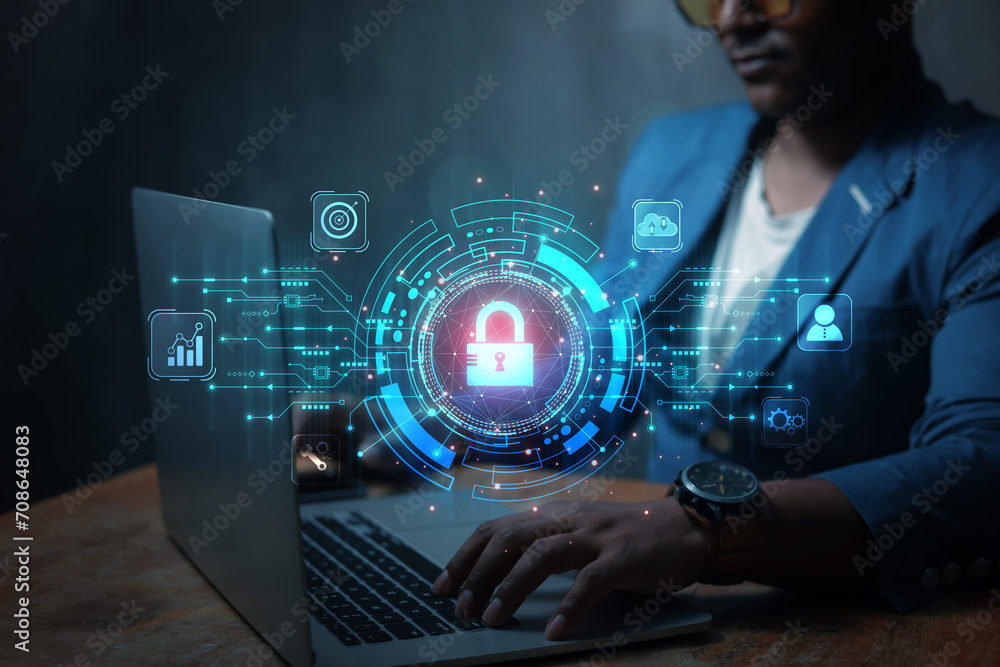 Aufkleber cybersecurity concept business man shows how to protect cyber technology network from attack by hack