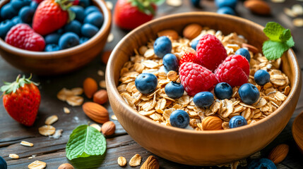 Healthy breakfast with fresh berries and nuts milk and muesli on rustic dark wooden table background.